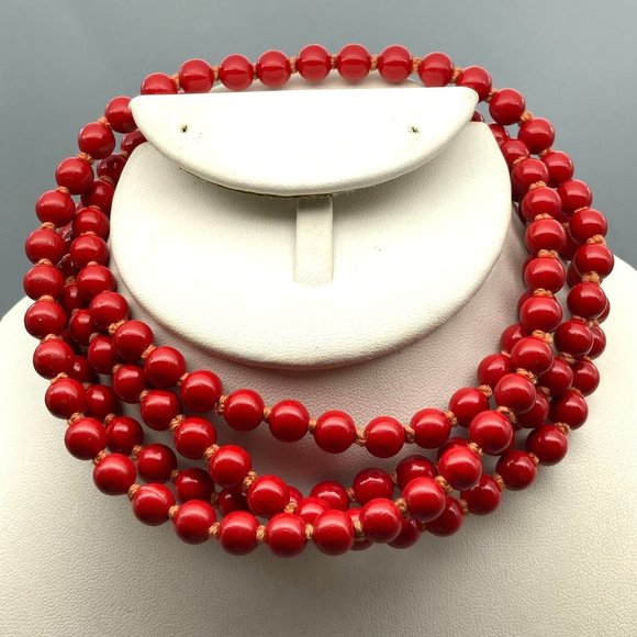 Red Bead Knotted Strand Necklace, Extra Long Vintage Pinup Fashion - Picture 2 of 5